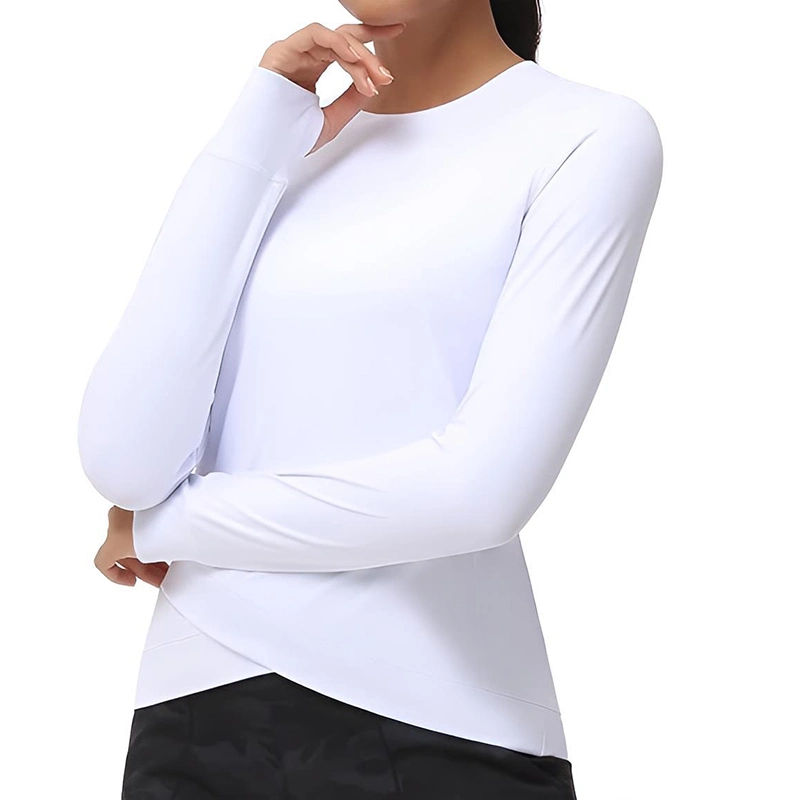 Factory Supply Women's Long Sleeve Compression Shirts Workout Tops Cross Hem Athletic Running Yoga T-Shirts with Thumb Hole