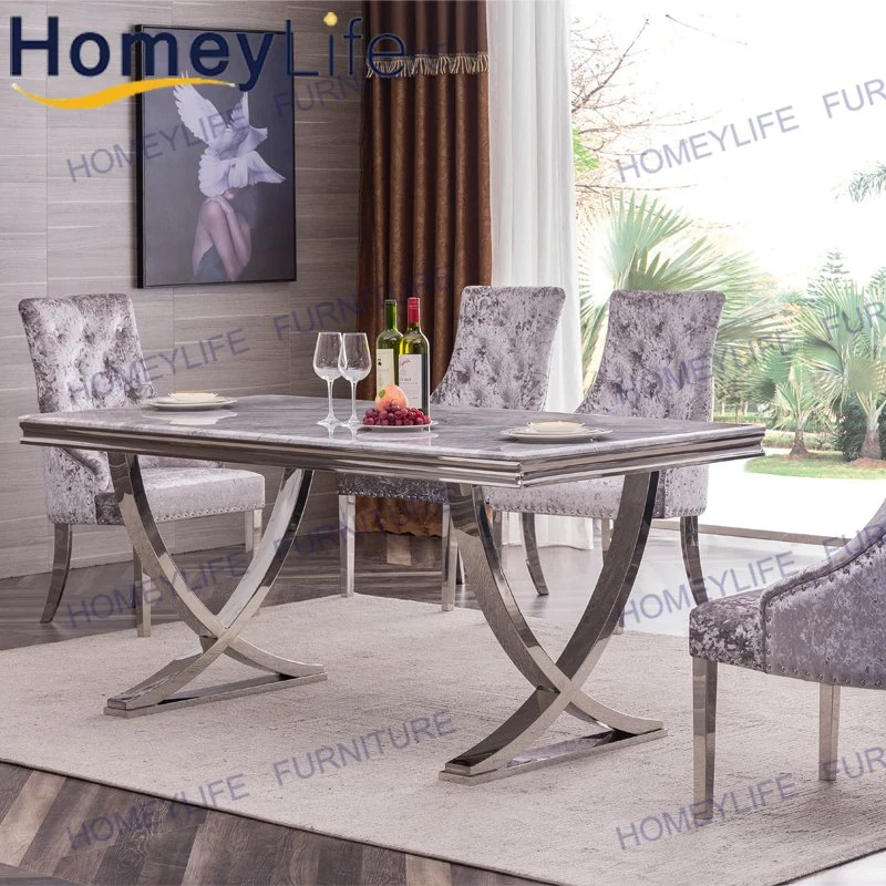 Contemporary Furniture Double Cross Stainless Steel Base Marble Top Dining Table