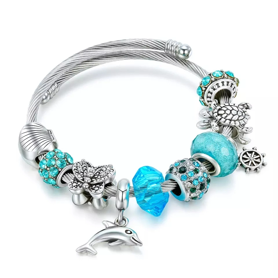 Elegante pulsera de acero inoxidable de la playa de bricolaje Charms pulsera para dama con abalorios de cristal Precio al por mayor joyería artesanal