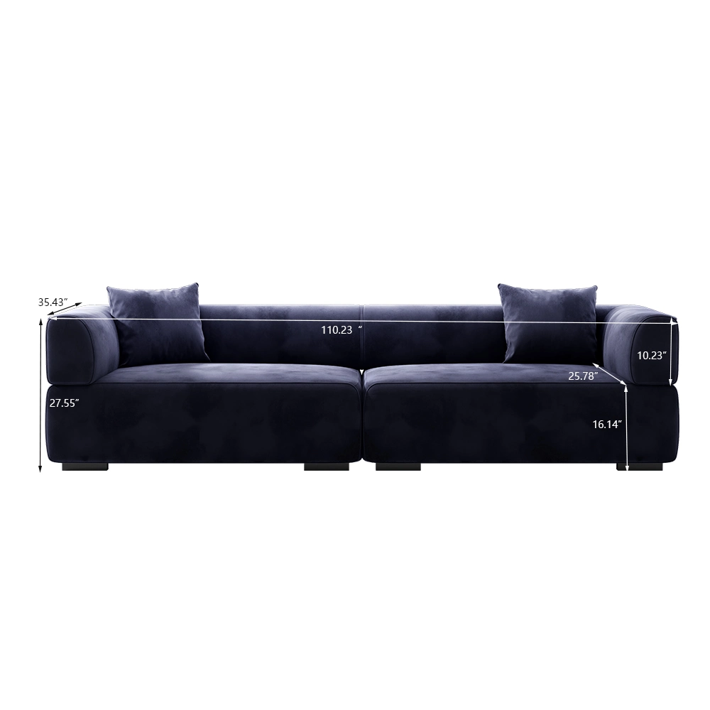 Sofá de asiento profundo minimalista de 110" con brazo articulado, tela de ante, sofá de salón de color azul oscuro