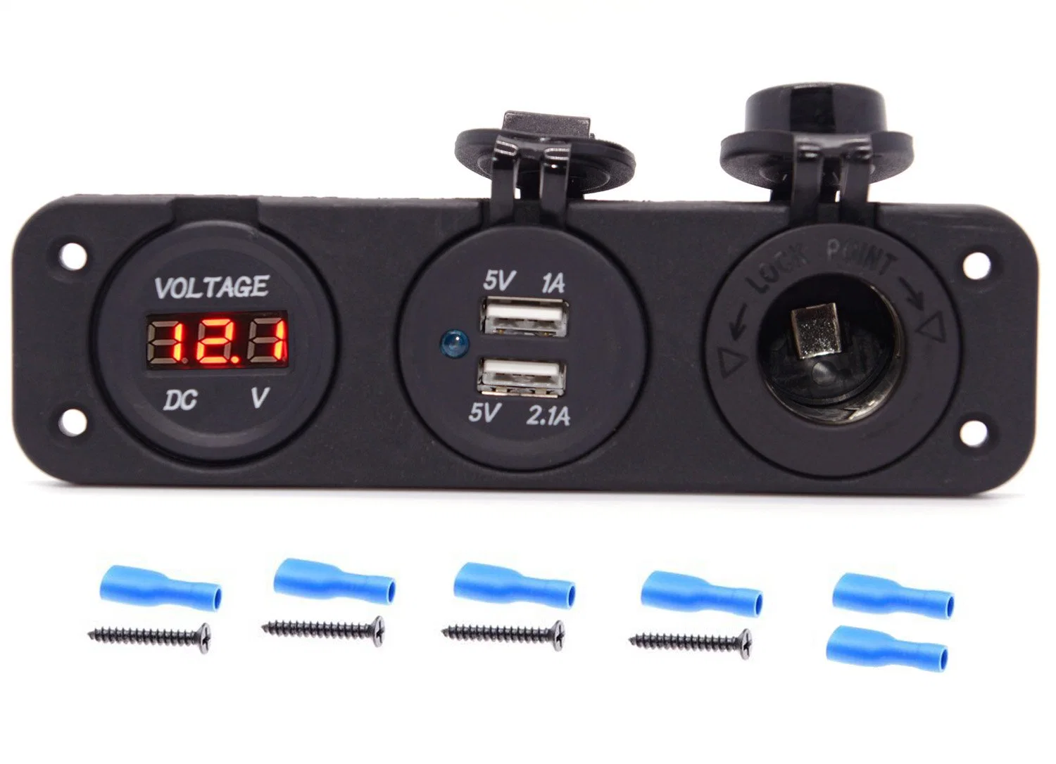 Tripla Função carregador USB duplo + Voltímetro Voltímetro LED azul + 12V do painel da Tomada Jack Marine para telefone celular digital Tablet