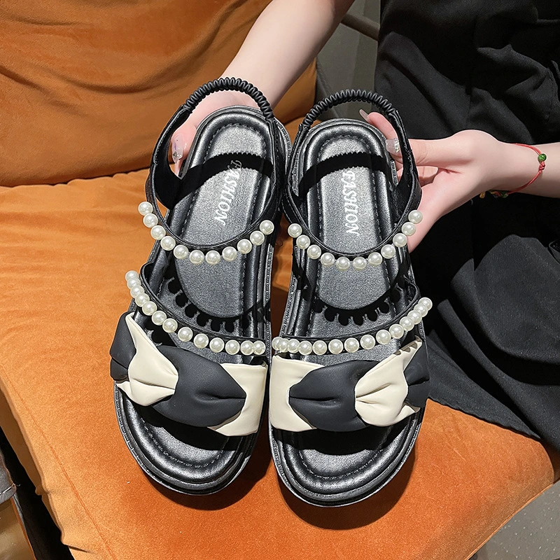 Summer New Fairy Style Casual One Word Buckle Pearl Decoration Flat Shoes