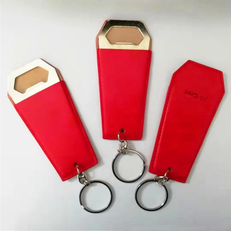 Customized Stainless Steel Metal Beer Bottle Speed Opener with PU Leather and Keyring