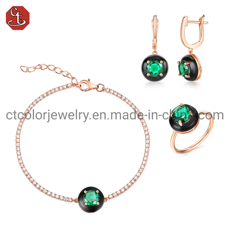 Fashionable 925 silver Jewelry set with Enamel Green Circle, Retro Teenage Girl