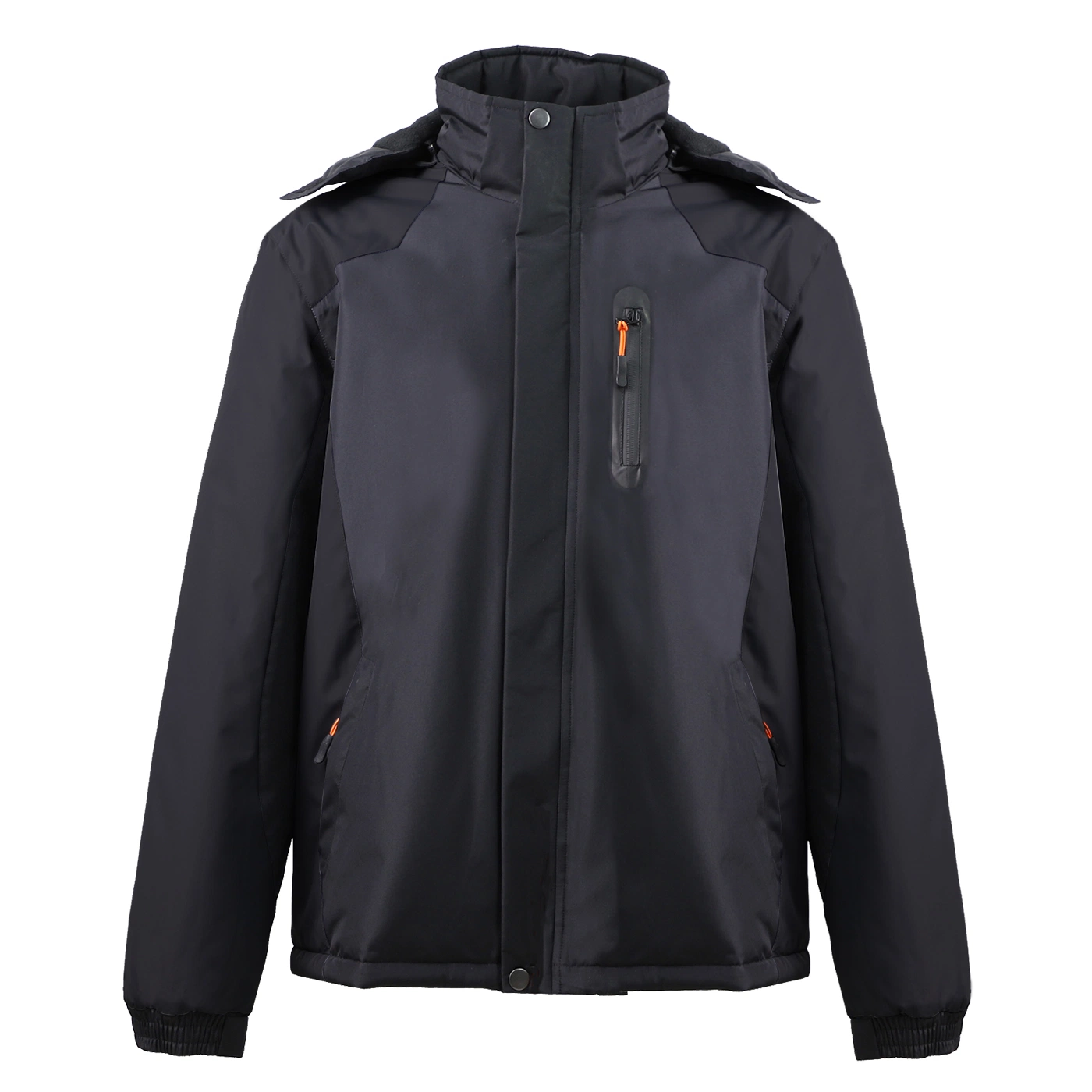 Solid Black Winter Windbreaker Coat Detactable Hood Full Zip