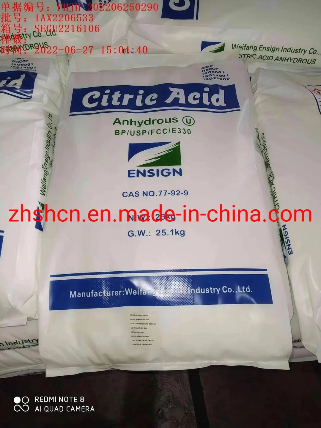 Ensign Citric Acid Monohydrate Cam Food Grade Pharma Grade 8-40/8-16 Mesh Manufacture Price