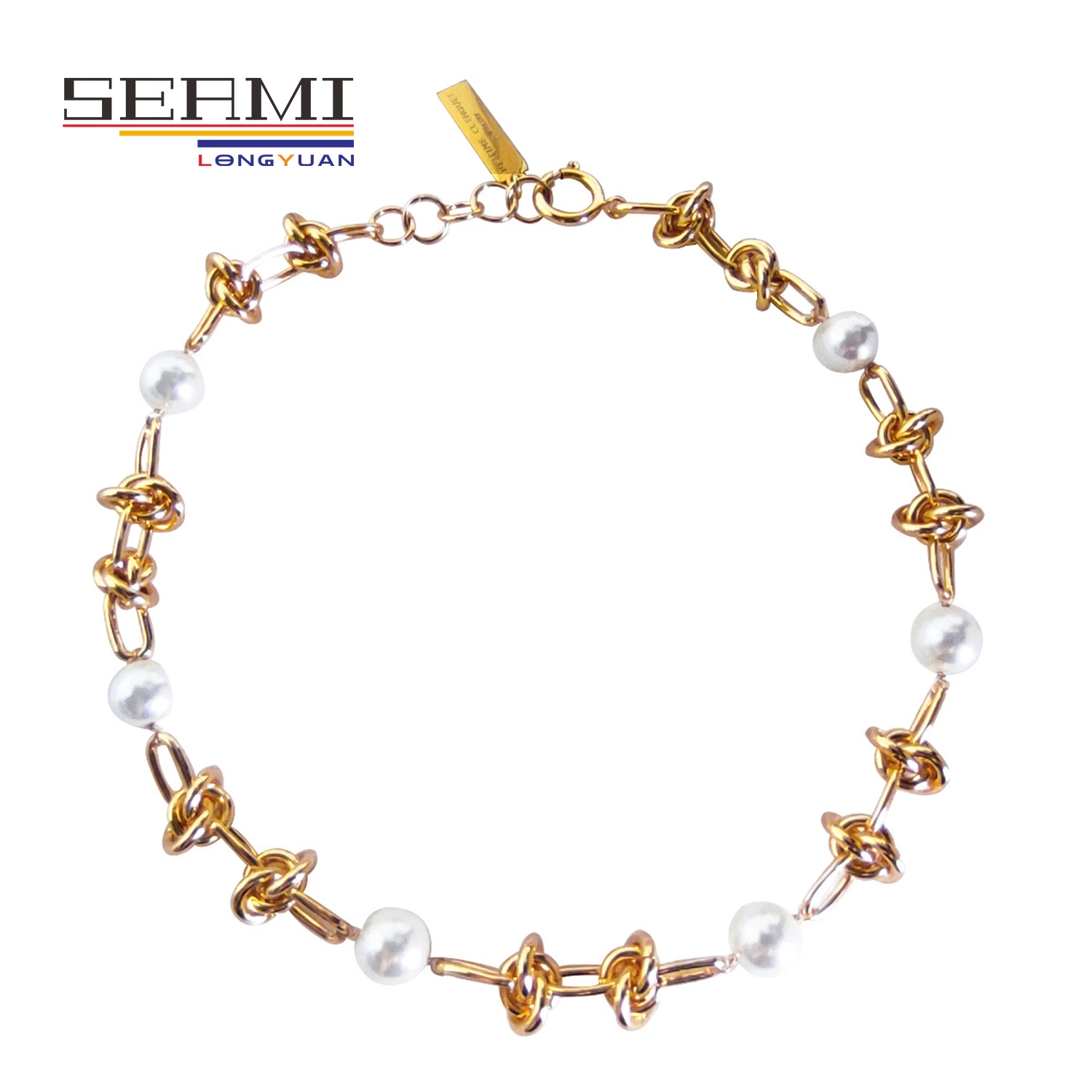 Dainty 18K Gold Link Kette Süßwasser-Zuchtperlen Knot Choker Nekclace