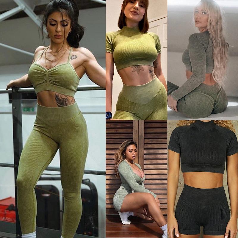 Neue Hot Vintage nahtlose Sportswear für Frauen, 2/3/4/5/6 Stück gerippte Säure gewaschen Gestrickte Activewear-Sets für Lounging, Yoga, Casual Active Outfits Hersteller