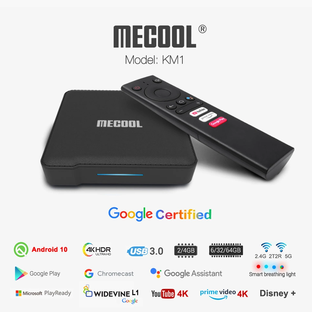 Mecool Km1 ATV Google Certified TV Box Android 10 4G مجموعة Android 9.0 Amlogic S905X3 Androidtv WiFi YouTube 4K سعة 64 جيجابايت الصندوق العلوي