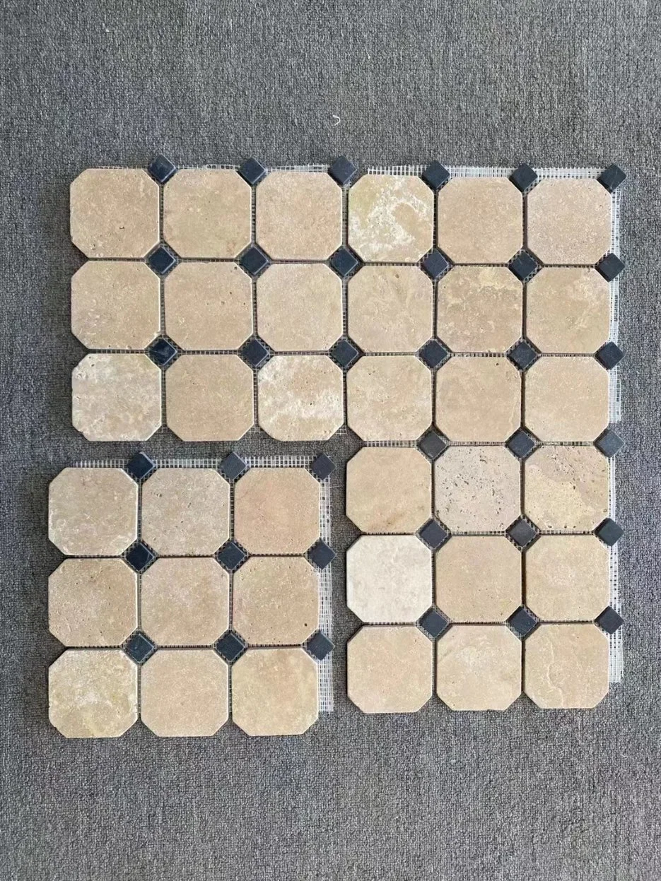 Factory Directly Beige Travertine Stone Floor Tile Paver on Mesh