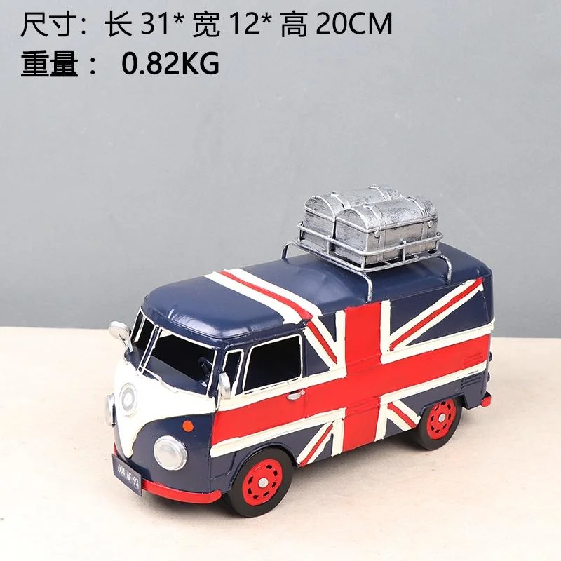 Iron Handmade Metal Craft Decoration Vintage Bus Model with Camping UK Flag House Home Craft Decorative Gift