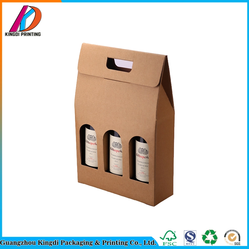 Custom E-Flute Corrugated Paper Packaging 2 Bottles/3 Bottles Red Wine Box with Handle