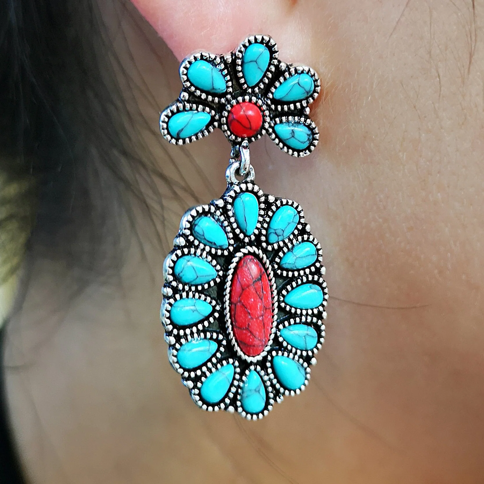 Retro European Style Silver Turquoise Earrings