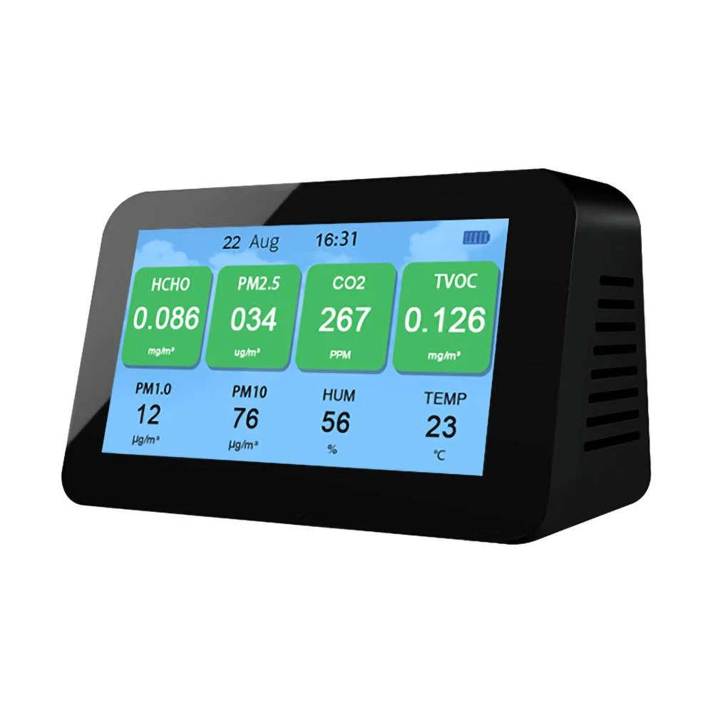 10 in 1 Air Quality Monitor Hcho CO2 Tvoc Pm2.5 Pm1.0 Pm10 Aqi Temp & Humi Detector with Alarm and Rechargeable 3000mAh Battery