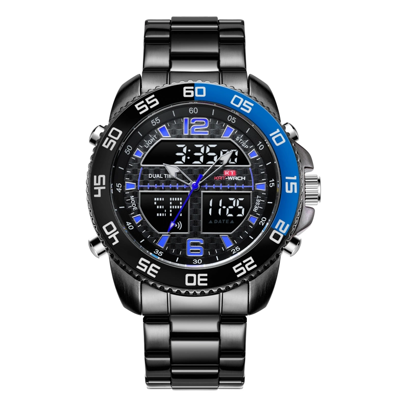 البلاستيك ساعة هدية الرجال مع ساعة من الفولاذ المقاوم للصدأ كوارتز الرقمية ساعات جودة الكرونوغراف ثنائية الوقت