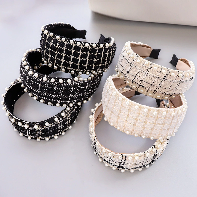 Nail Pearl New Hair Band Classic Ethnic Plaid Fabric Headdress Hair Card Korean Version of The Female Headband