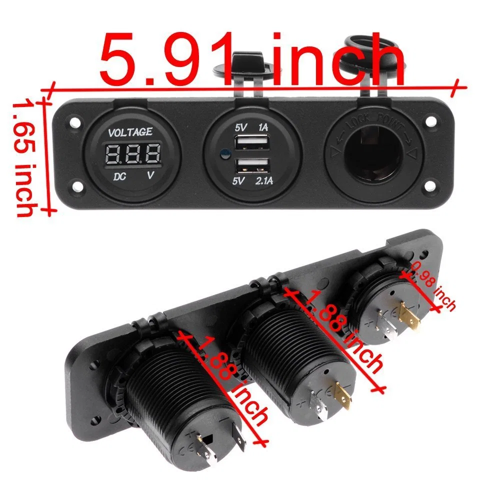 Triple Function Dual USB Charger + Blue LED Voltmeter Voltmeter + 12V Outlet Socket Panel Jack Marine for Digital Mobile Phone Tablet