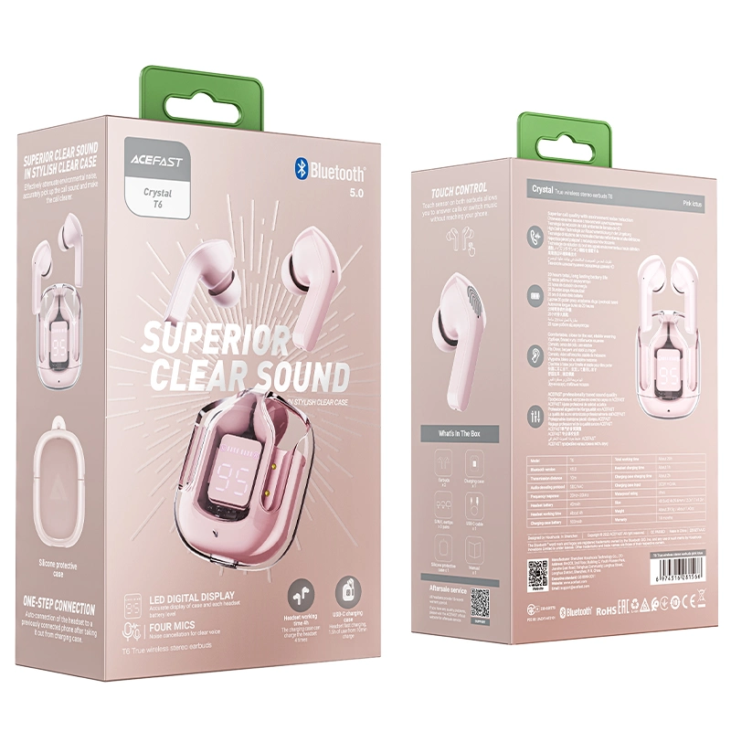 Acefast T6 TWS Wireless Bluetooth 5,2 Ohrhörer in-Ear Stereo Headset für Musikanrufe mit lichtdurchlässiger Ladetasche - Pink