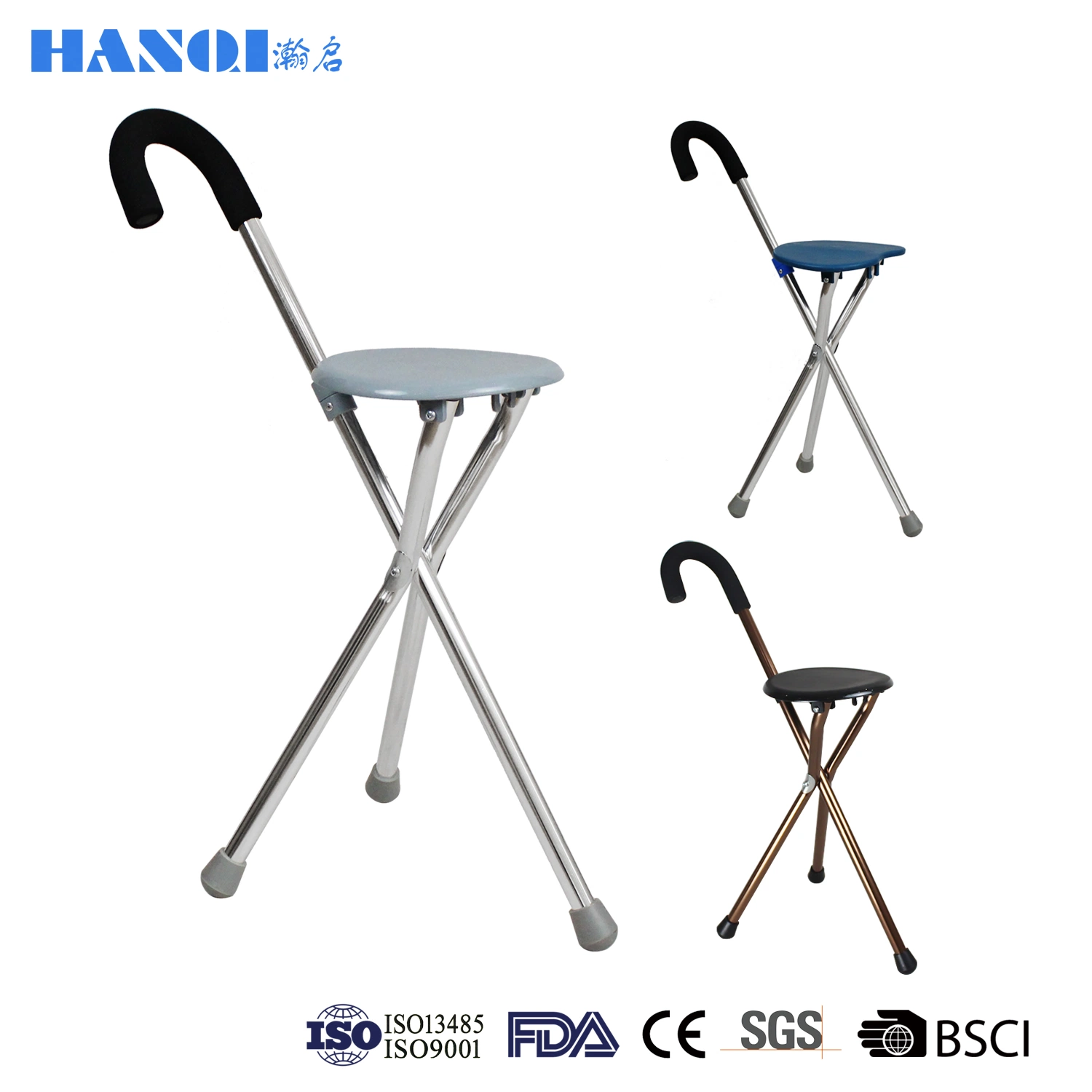 Bâton de marche en aluminium à trois pieds avec chaise pour personnes âgées, canne pliante à trépied pour la marche en extérieur.