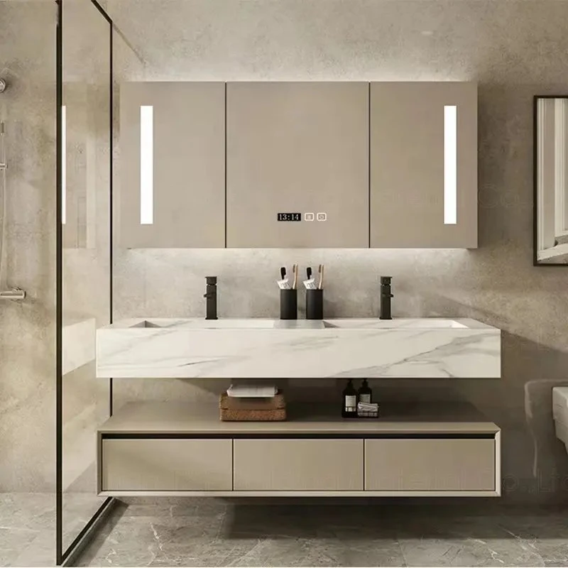 Luxury Hotel Washroom Slate Basin Countertop Waterproof Oak Wood Vanity LED Mirror Bathroom Cabinet