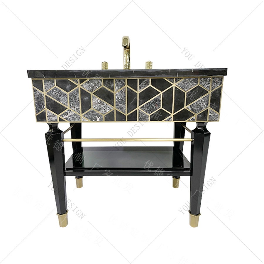 Luxury Brushed Stainless Steel Washstand Marble Rectangular Shape Round Gold Basin and Sink with Mirror