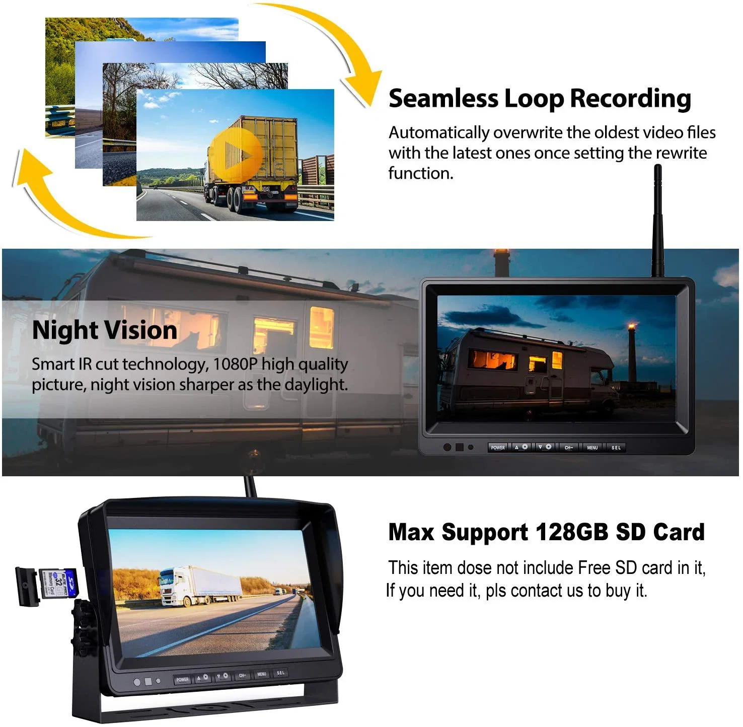 Digital Wireless 9" DVR Quad Monitor with 3X 1080P Wirelesss Backup Camera 12-36V for Trailer