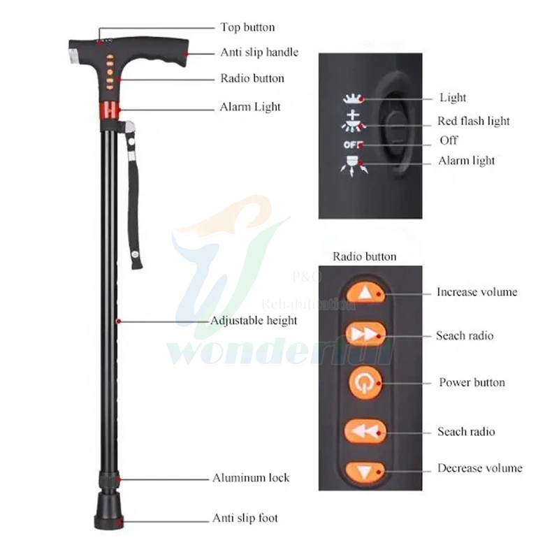 Alte Leute Einziehbarer Stock Aluminium-Legierung Walking Stock Stock Stock mit Licht und Alarm