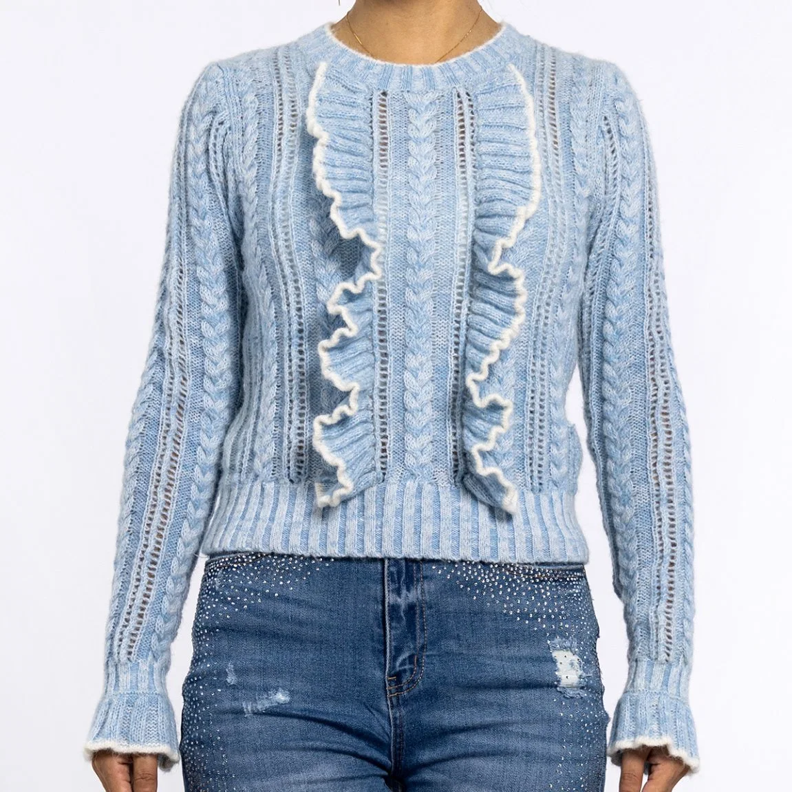 Moda Otoño Azul Mullet punto Top para mujer Pulover ropa de punto Sweater