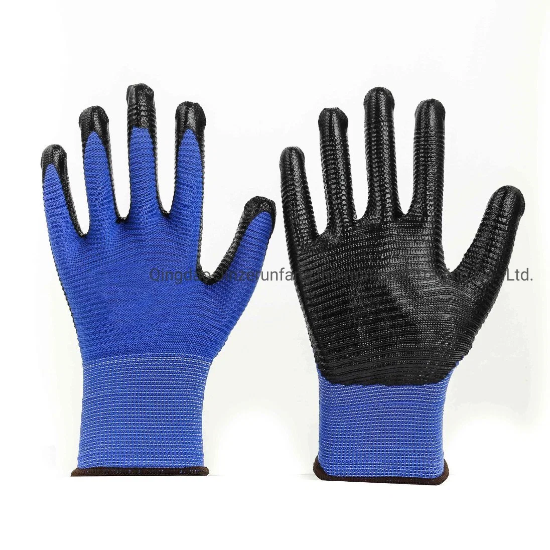 Black Nitrile Zebra Stripe Coated Blue Polyester Industrial Hand Labor Protective Safety Work Gloves for Construction Garden