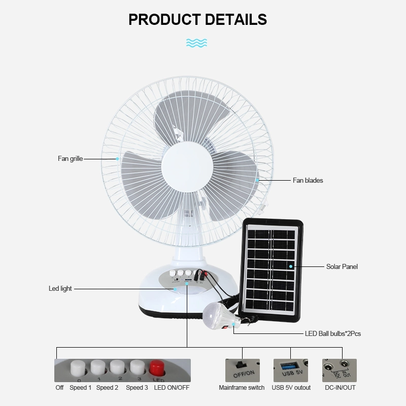 12 Inch Rechargeable Fans DC Solar Energy Table Fan Solar Fans with Solar Panel and Lights