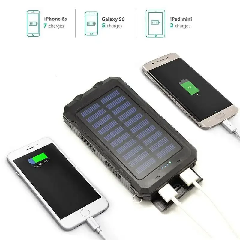 Solar Power Bank 30000mAh Portable Dual USB 2 LED Lights External Charger