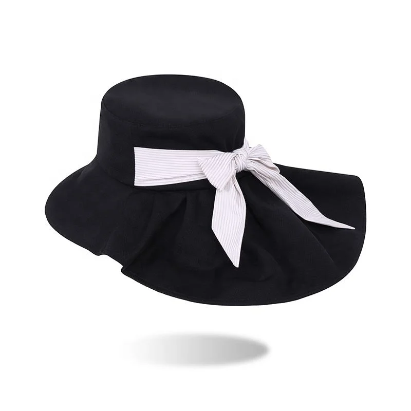 سعر الجملة النساء العروس العريضة السيدة صن هات مع الحبل قبعة الصيف السوداء المحبوكة قبعات الجرافة السوداء