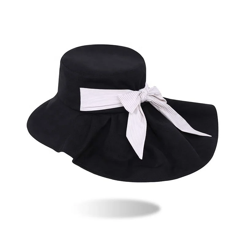 Prix de gros femmes large bord Lady Sun Hat avec corde Casquette d'été noire tissée, bonnets noirs