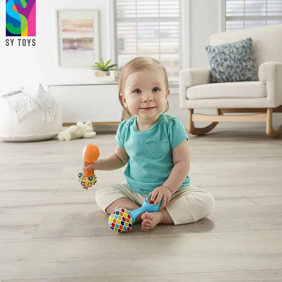 SY Rattle Ball moldeados Teething Toy suave Grado alimenticio sin BPA Juguete de silicona para dentición bebé relleno Cute Animal Sand Hammer de juguete