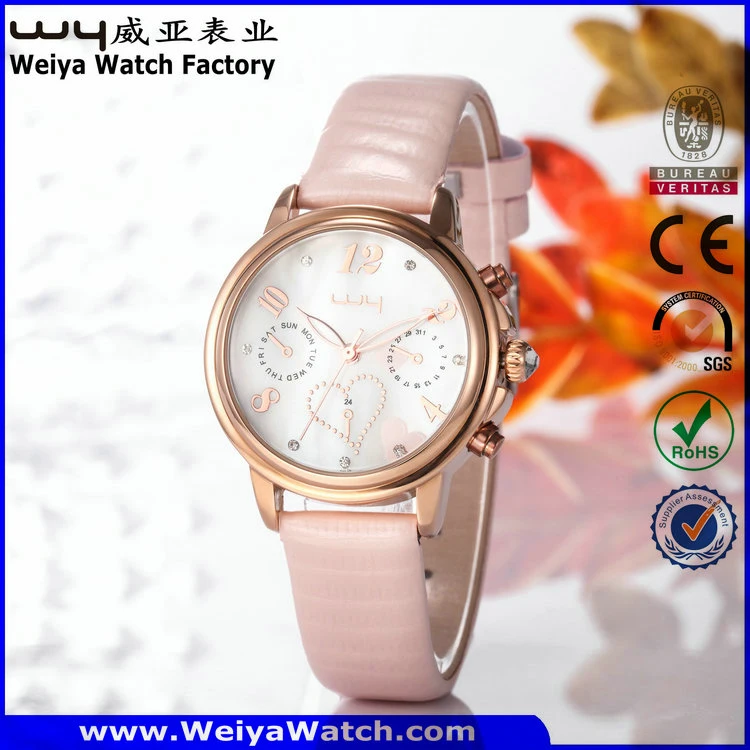 Leather Strap Casual Quartz Ladies Wrist Watch (Wy-078A)