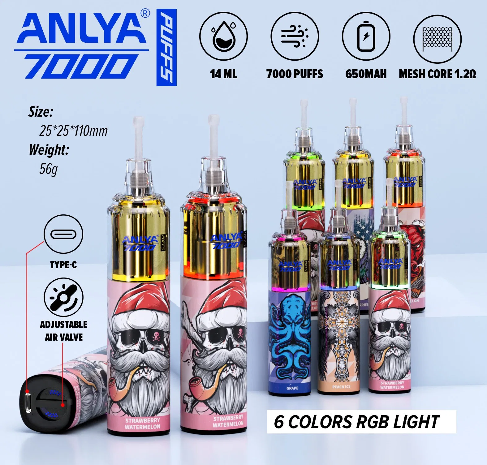 Anlya Randm Tornado 7000 Puffs Ecigarette Puffstab E-Liquid Pod Einweg-Vape 2% 3% 5% blinkend RGB 850mAh Typ-C wiederaufladbar Einweg-Ecig