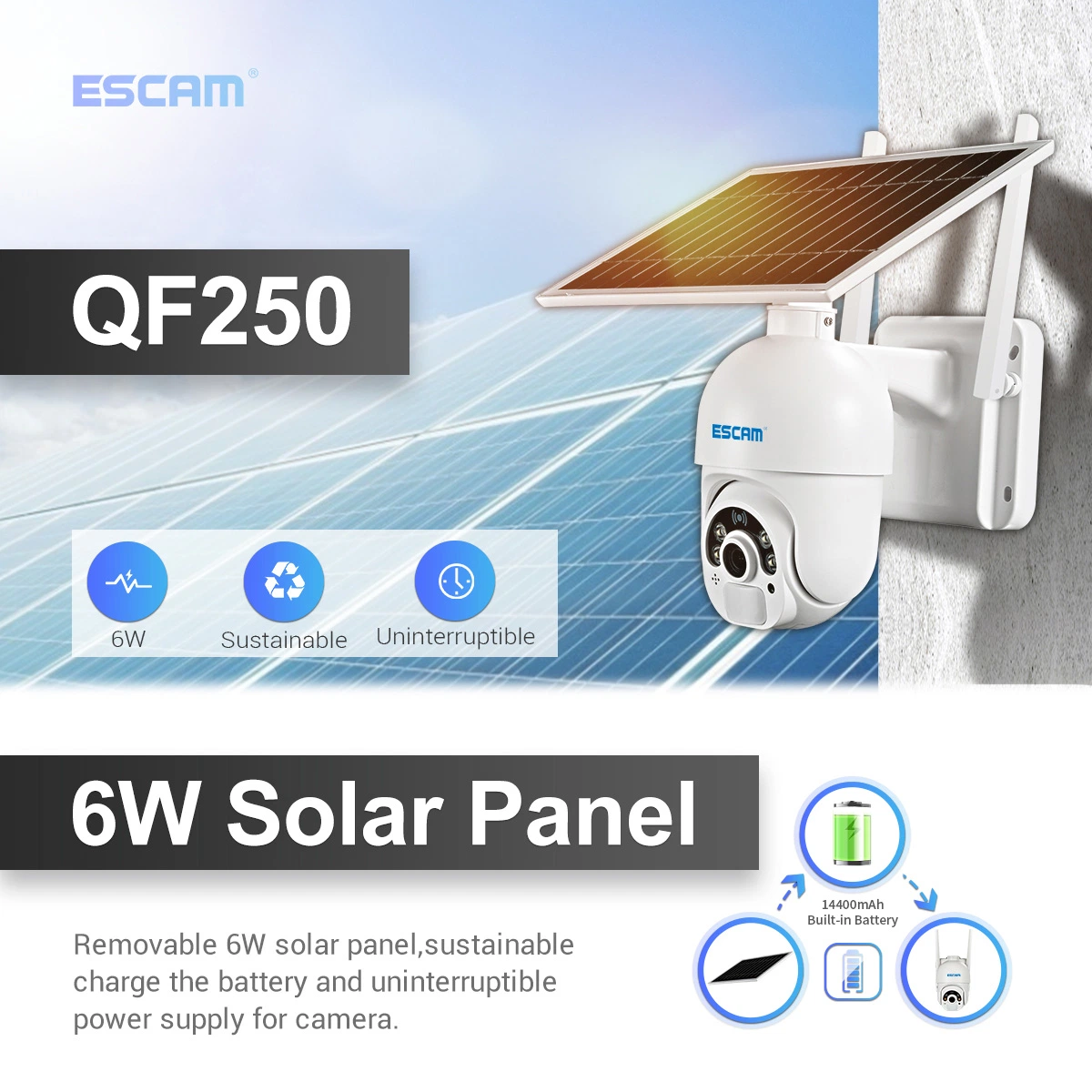 Escam Qf250 1080P WiFi IP WiFi Wireless 6W Solar Panel Battery Security Camera