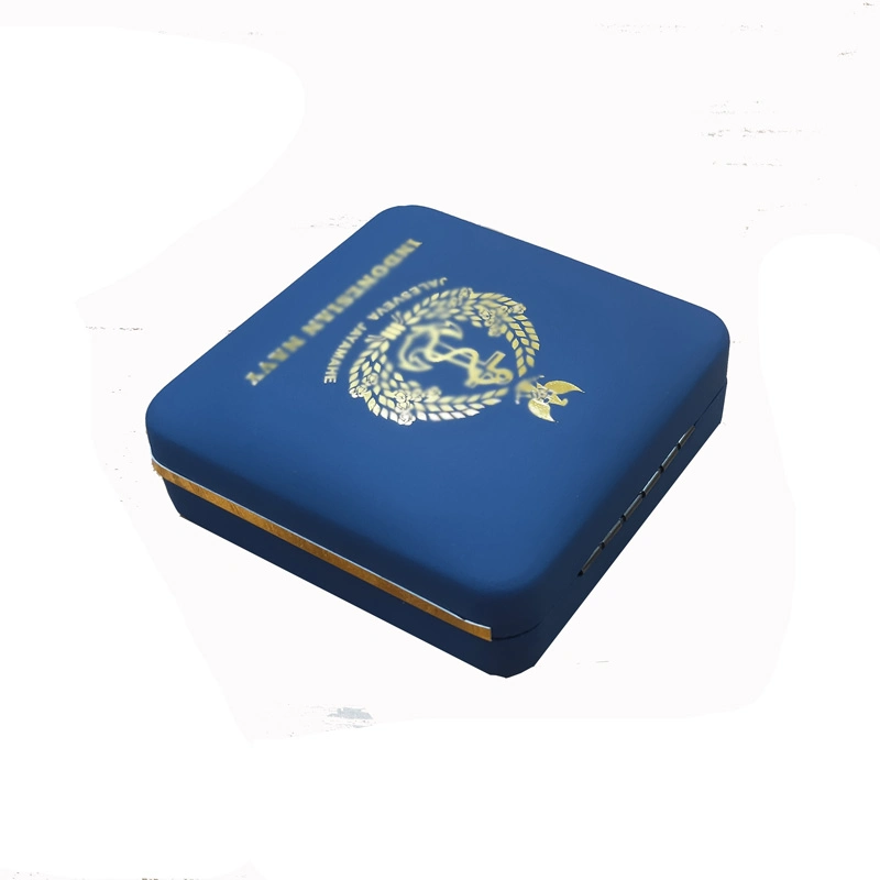 Caja de regalo de monedas de lujo cuadrado azul oscuro de piel Con adorno dorado