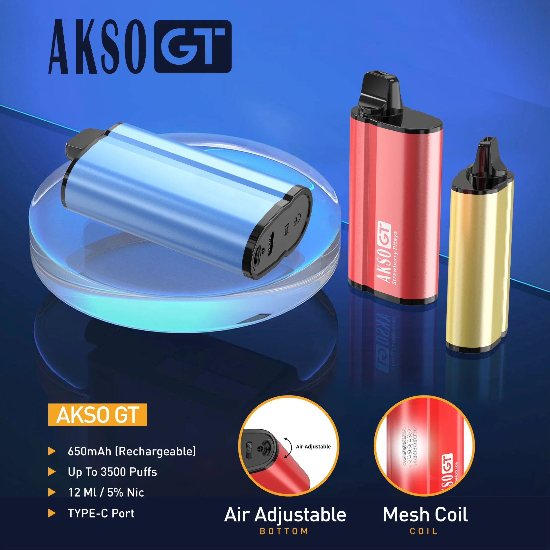 Fábrica de gran escala Akso recargables al por mayor 3500 inhalaciones de Vape Starter Kit