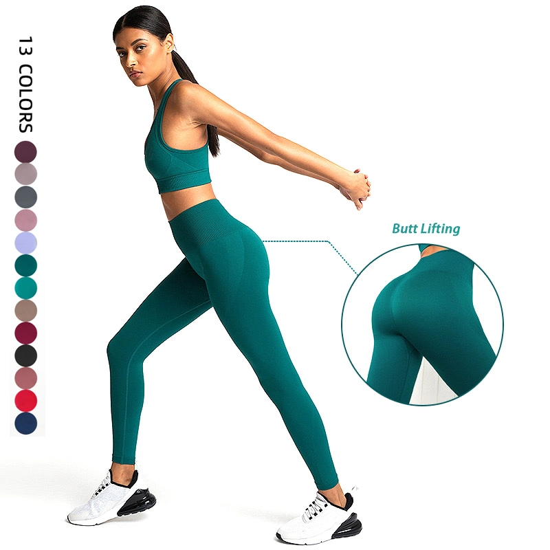 Venta directa de fábrica Soft 2 piezas de desgaste de gimnasio yoga Conjunto de prendas de vestir para mujer, Linda Activewear personalizada Bra Top + Alta con cintura Legging Pantalones Ropa deportiva establecida