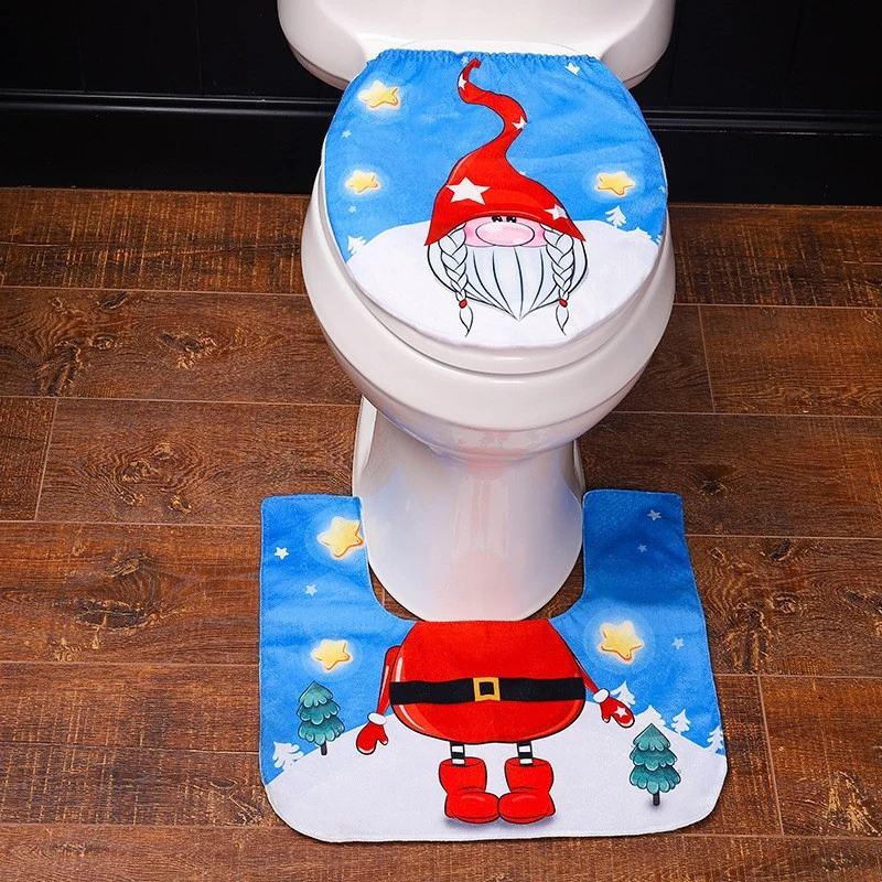 2 PCS Christmas Dwarf Santa Toilet Seat Mat and Anti Slip Bathroom Mat Green and Blue Bathroom Xmas Decoration for Home Hotel Party