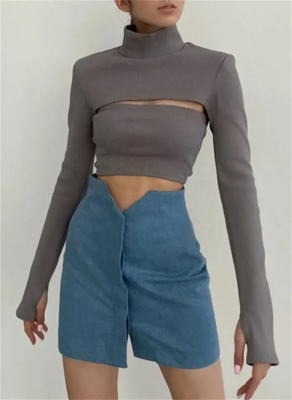 High Neck Long Sleeve Rib Custom Tops Hollow out Crop Top Two Piece Set Girl Sexy Knitted Sweater Women