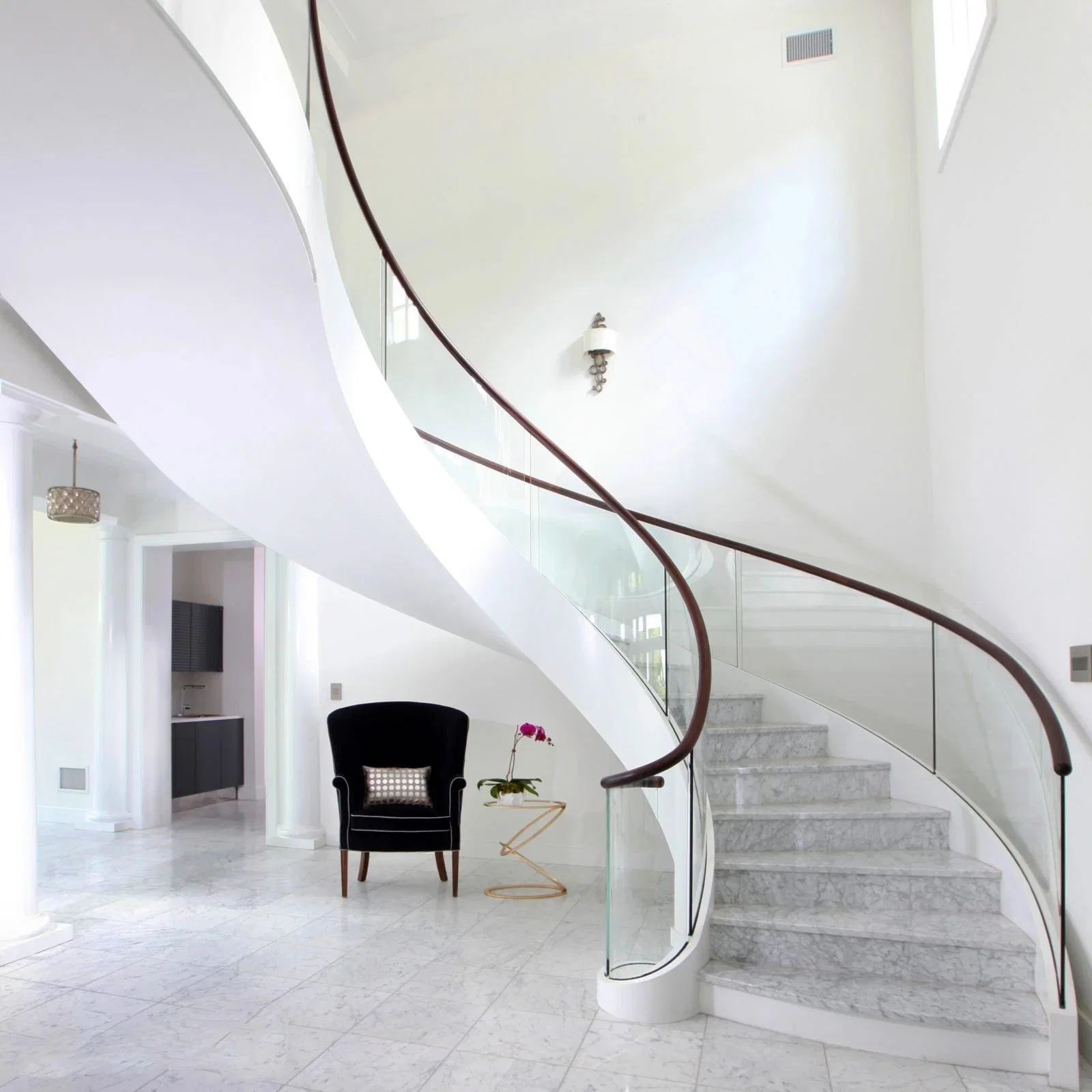 Modern Residential Indoor Marble Curved Staircase Custom Steel Parts Marble Sintered Stone Spiral Stairs