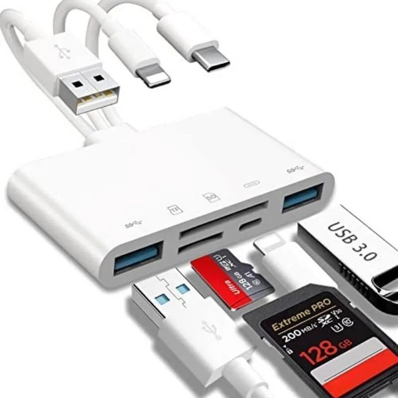 5-in-1 Card Reader with Micro-SD&SD Slots for iPhone/iPad/Android/USB C & a Devices