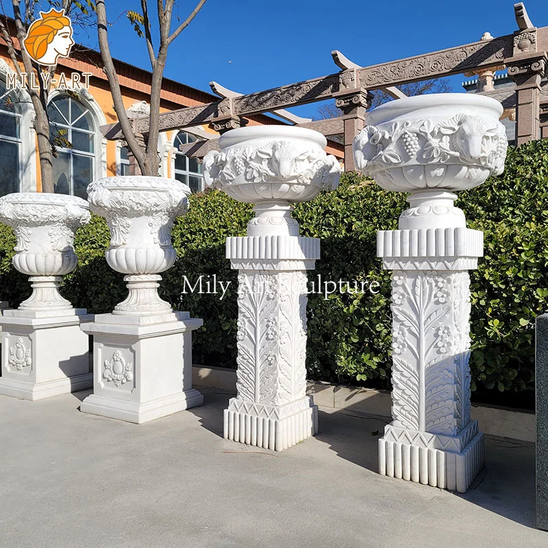 White Carved Garden Design Vase Marble Stone Flowerpots