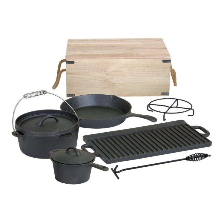 7-Piece Cast Iron Camping Pot Cookware Set with Wooden Box