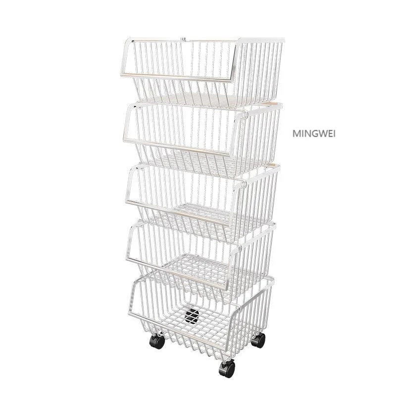 Mingwei moderne empilable acier inoxydable durable 5 niveaux cuisine rotative Étagères de stockage de fruits à légumes rack avec roulettes