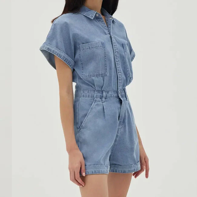 El verano de manga corta mujer Romper la moda casual Botón en blanco arriba Playsuit Denim Jumpsuit corto