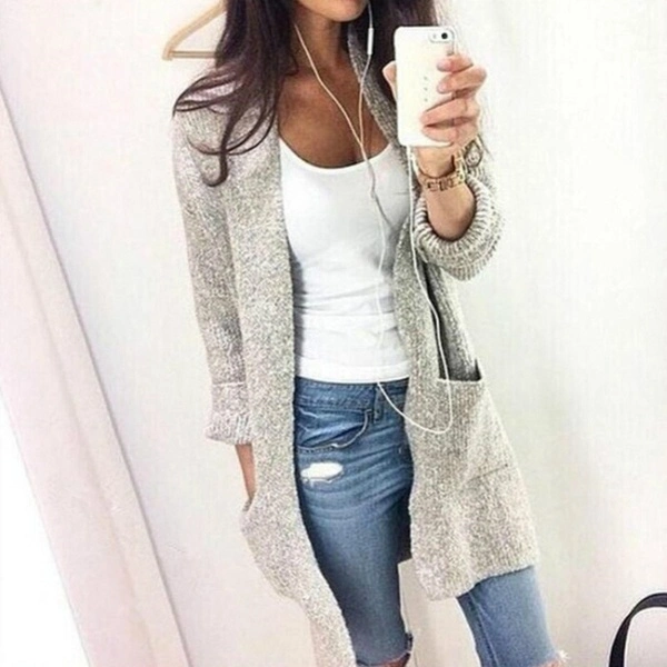 La mujer chaqueta de manga larga bata tejida de deportes Jersey Cardigan