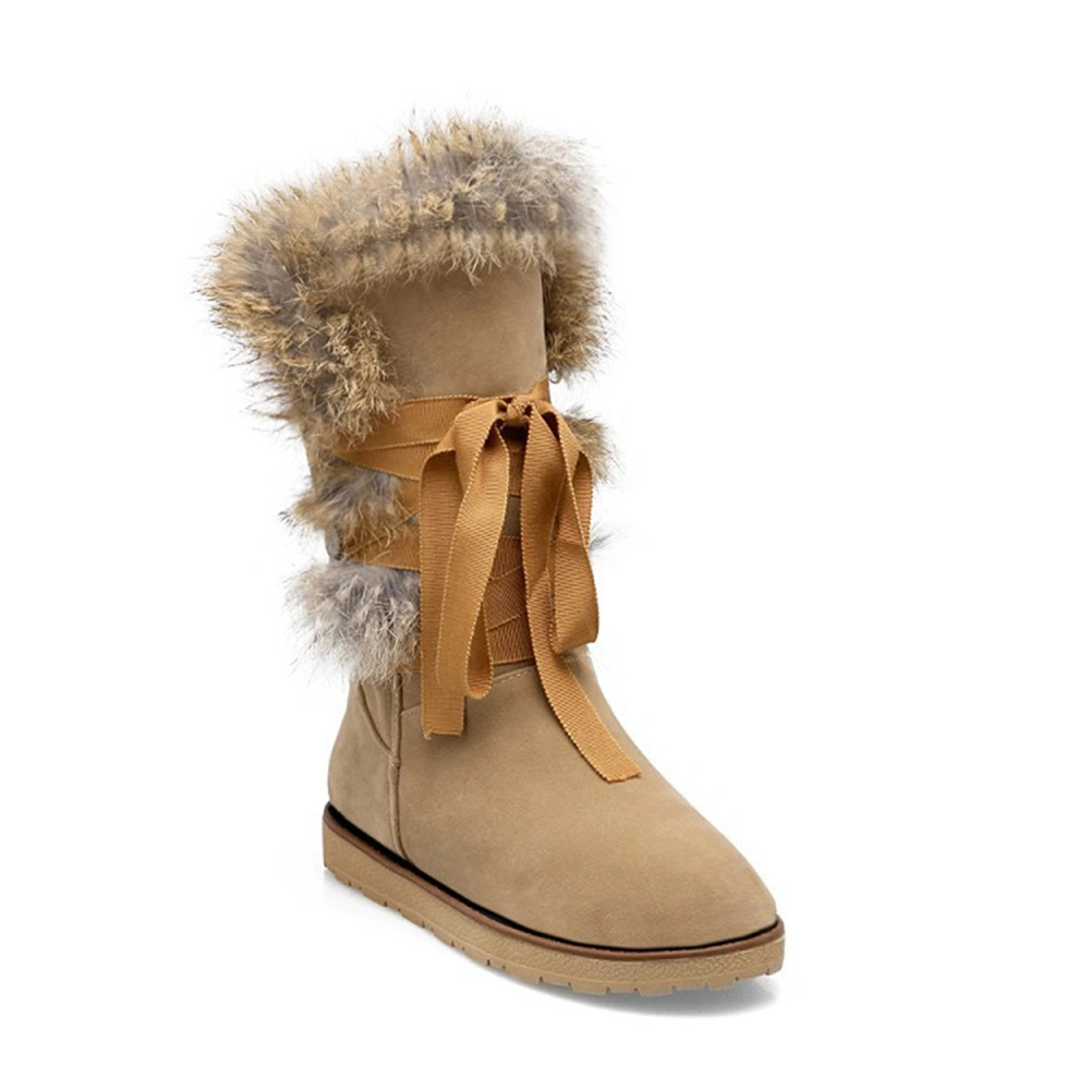 2021/OEM ODM nuevas pieles de conejo cabeza redonda Mujeres Plus Size Non-Slip Botas de cuero Nobuck de encaje hasta botas de nieve